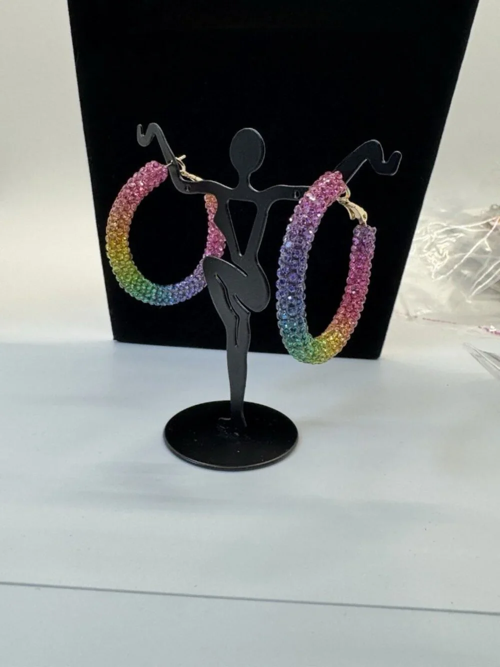 Rainbow Rhinestone Pave’ Hoop Earrings Multicolor Large Statement Dangle